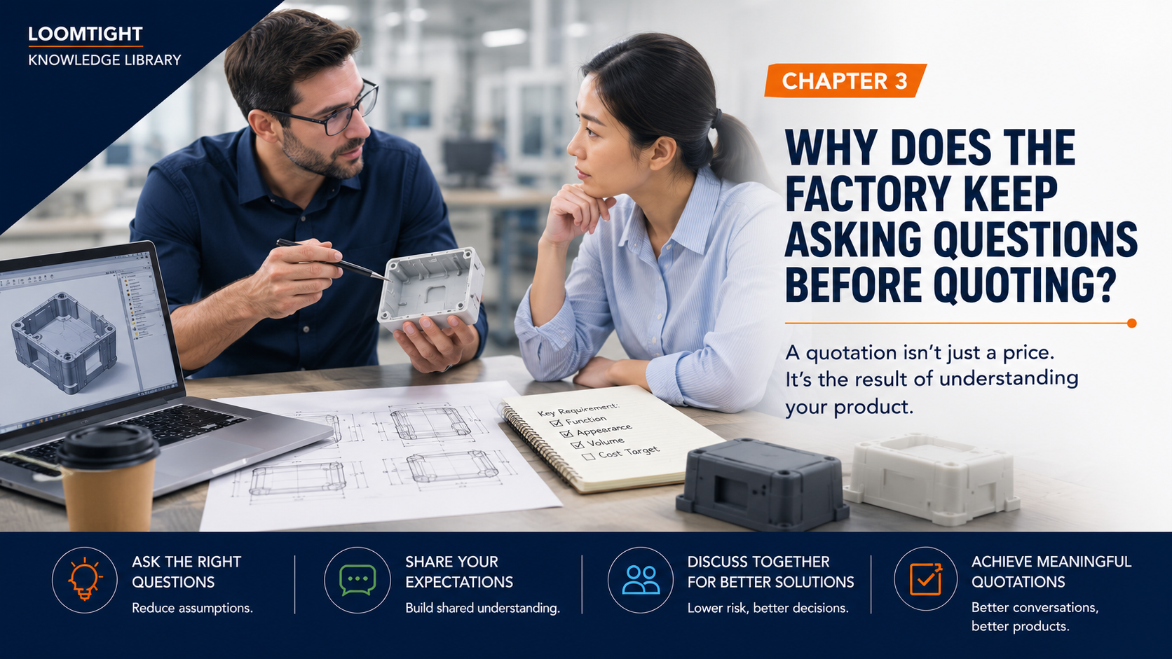 Founder and manufacturer discussing product requirements before preparing a manufacturing quotation